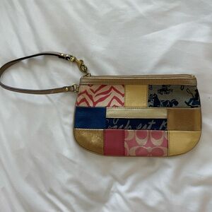 Vintage Coach Multi-Color Patch Wristlet Gold Leather Trim